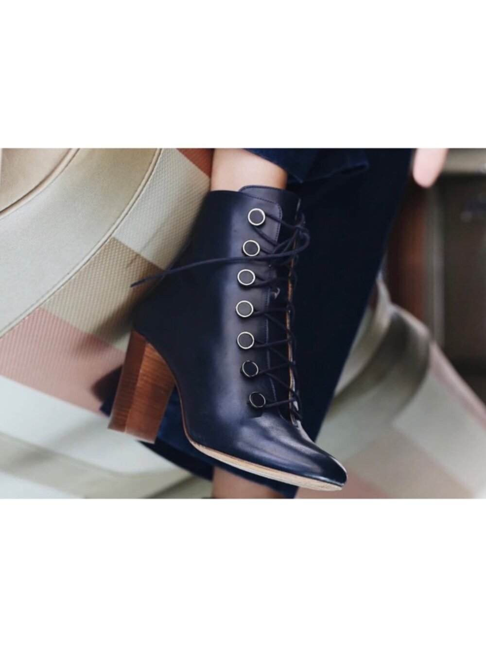 NWB Sezane High Pauline Lace-up Ankle Boots navy blue golden buttons 35 us4